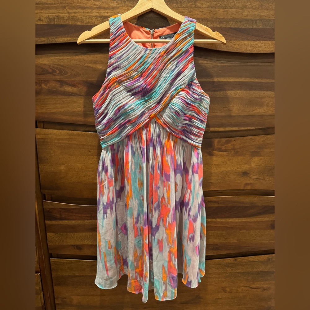 Armani Exchange Grey and Multi-color Ruched Fit-and Flare Chiffon Dress